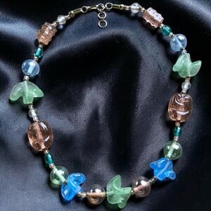 Vintage Artisan Glass Sea Glass Bubble Glass Statement Necklace Chunky